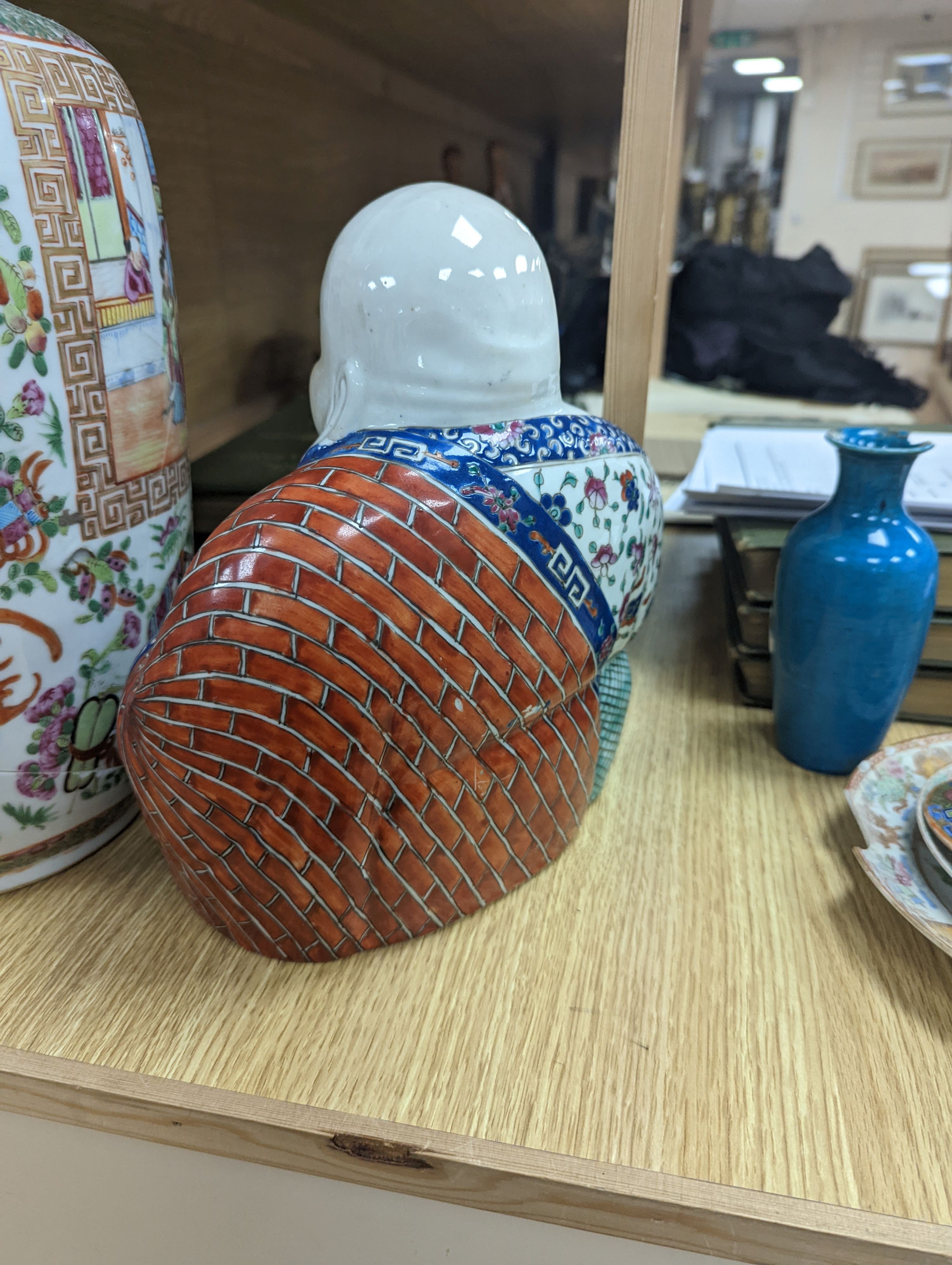 A Chinese famille rose vase, a figure of Budai, a turquoise glaze vase etc, vase 45 cms high.